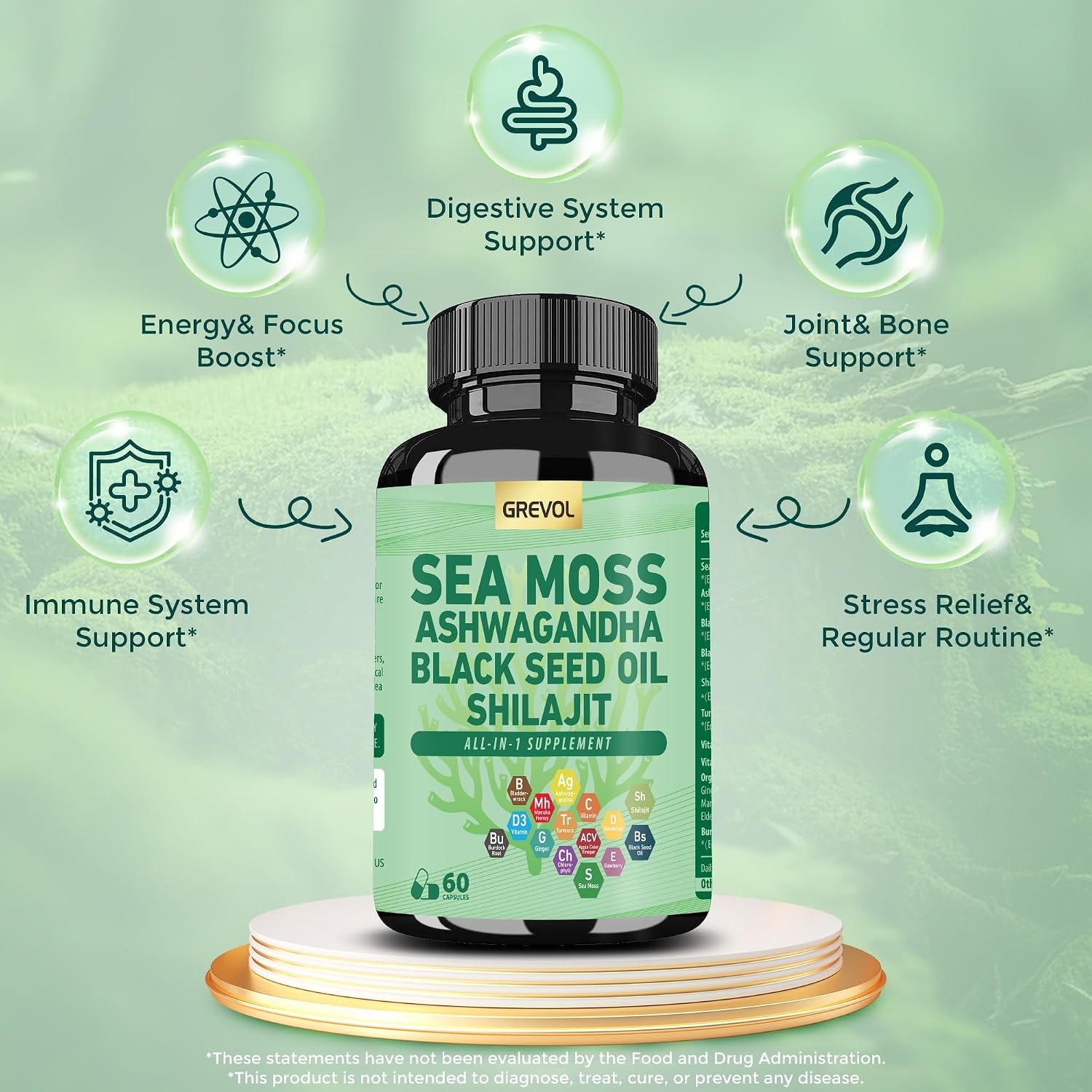 Grevol Sea Moss, Ashwagandha y Shilajit - Cápsulas 15 en 1 (60 uds)