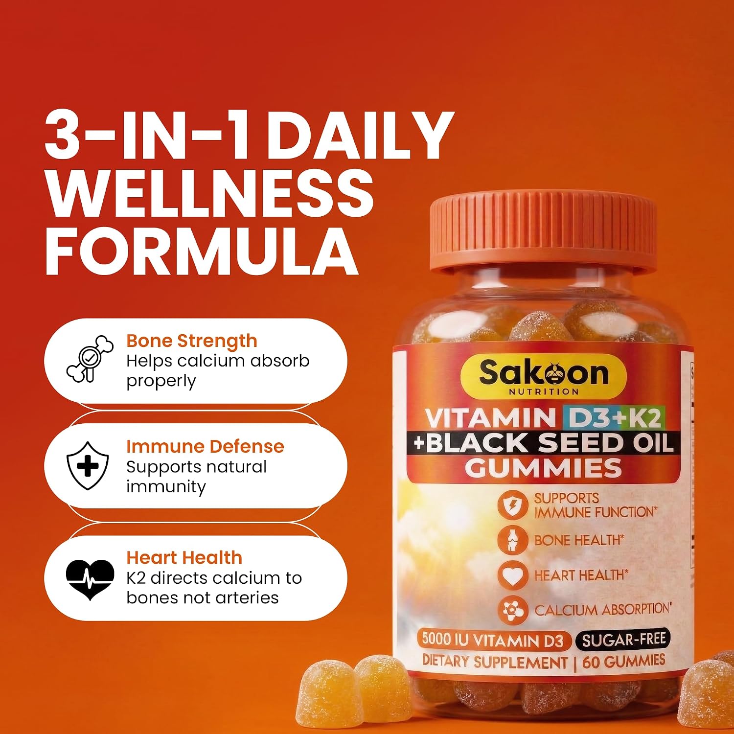 Sakoon Vitamin D3 K2 Gummies 5000 UI con Aceite de Semilla Negra para Mujer y Hombre