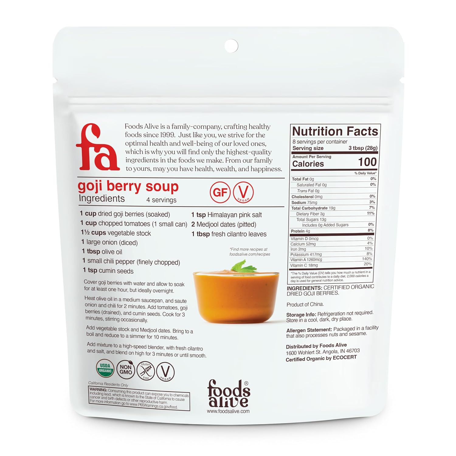 Foods Alive Bayas de Goji Ecológicas - 8 oz (227 g)