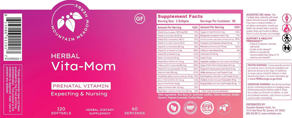 Mountain Meadow Herbal Vita-MOM Vitaminas Prenatales - Suplemento con 5-MTHF Folato, Hierro, Multivitaminas y Hierbas Orgánicas - 120 Cápsulas Blandas (2 Meses)