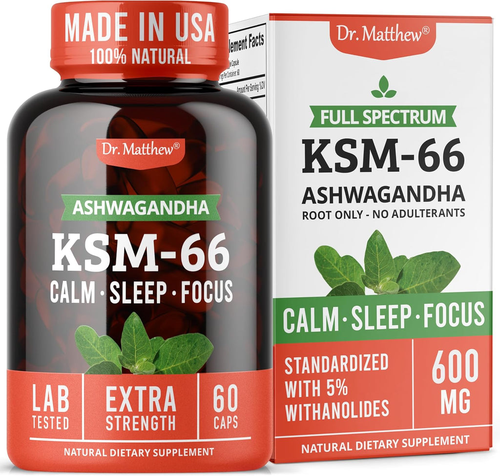 Ashwagandha KSM-66 Orgánica – 600mg por Cápsula, Extracto de Raíz Completo (60 Cápsulas)