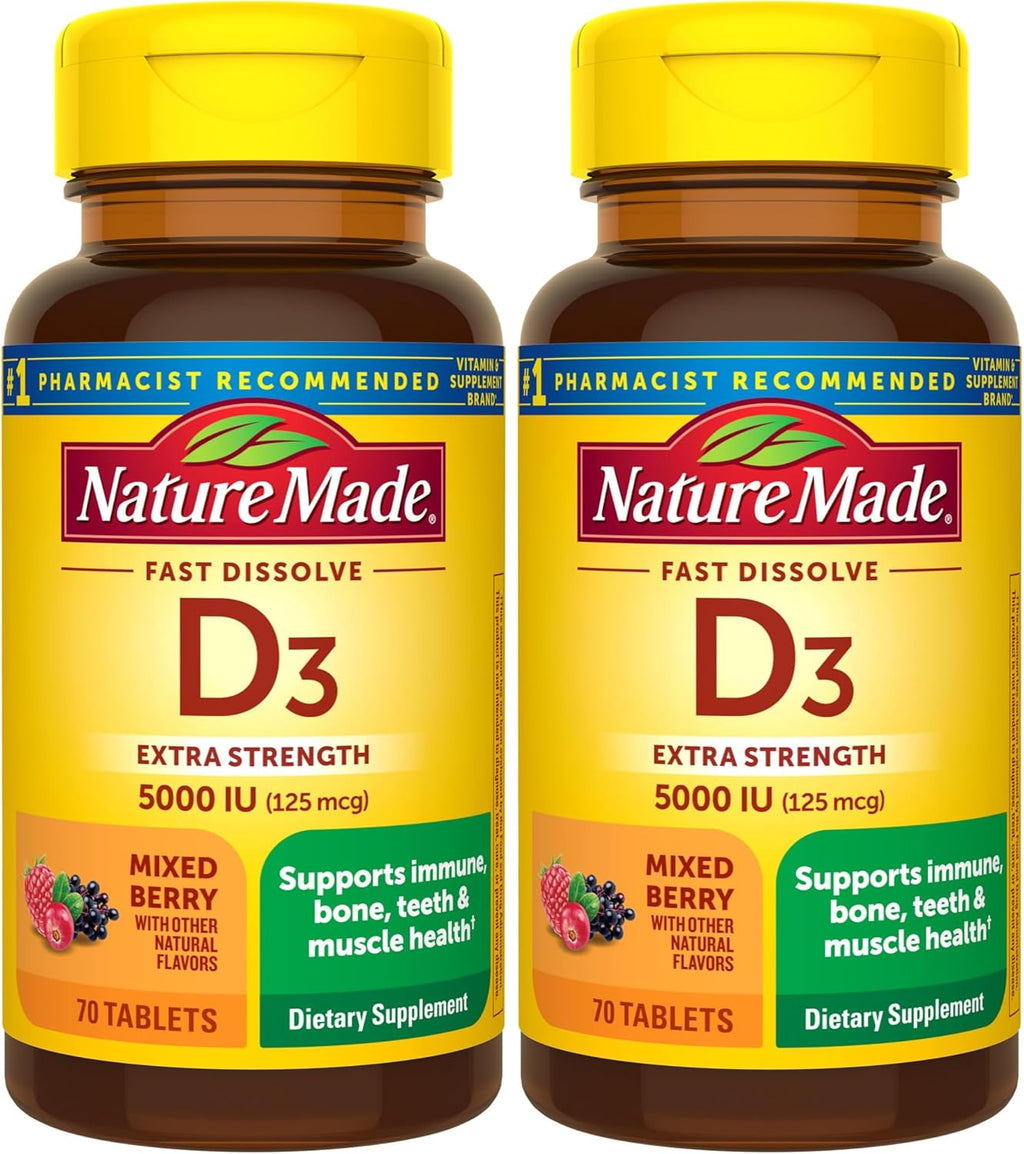 Nature Made Vitamina D3 5000 IU (125 mcg) Extra Strength, Comprimidos Bucodispersables Sin Azúcar, 70 Unidades