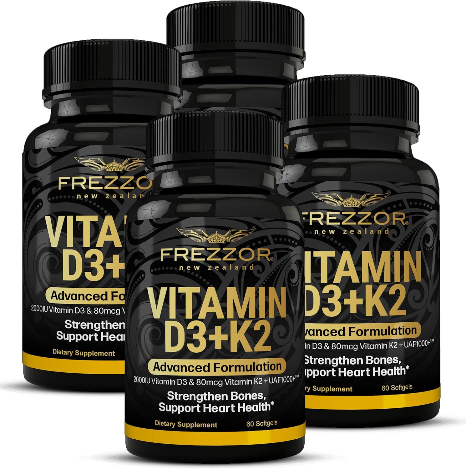FREZZOR Vitamina D3 y K2, 2000 UI D3 + 80 mcg K2 (MK-7), 240 Cápsulas Blandas