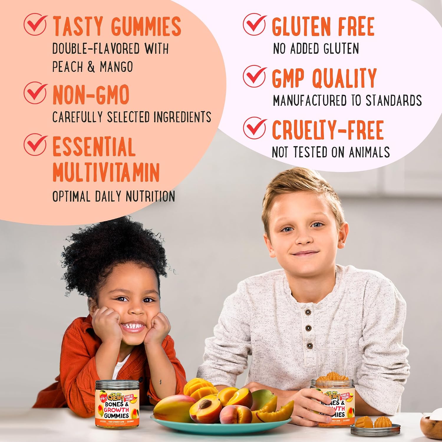 OH MY CHEWY Gomitas de Crecimiento para Niños y Adolescentes - Suplemento con Calcio, Zinc, Vitamina D3, K2, Espirulina y Astrágalo - Sabor Melocotón y Mango 60 Unidades