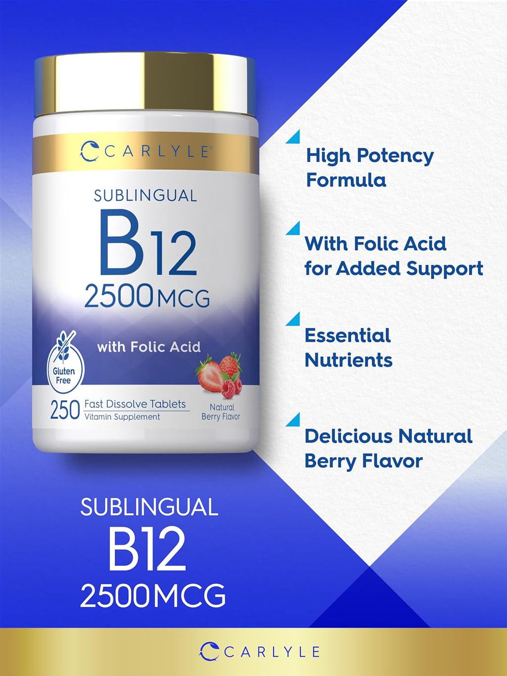 Carlyle Vitamina B12 Sublingual 2500 mcg + Ácido Fólico - 250 Comprimidos de Disolución Rápida Sabor Berry - Vegano, No-GMO, Sin Gluten