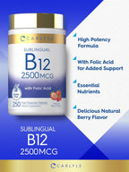 Carlyle Vitamina B12 Sublingual 2500 mcg + Ácido Fólico - 250 Comprimidos de Disolución Rápida Sabor Berry - Vegano, No-GMO, Sin Gluten