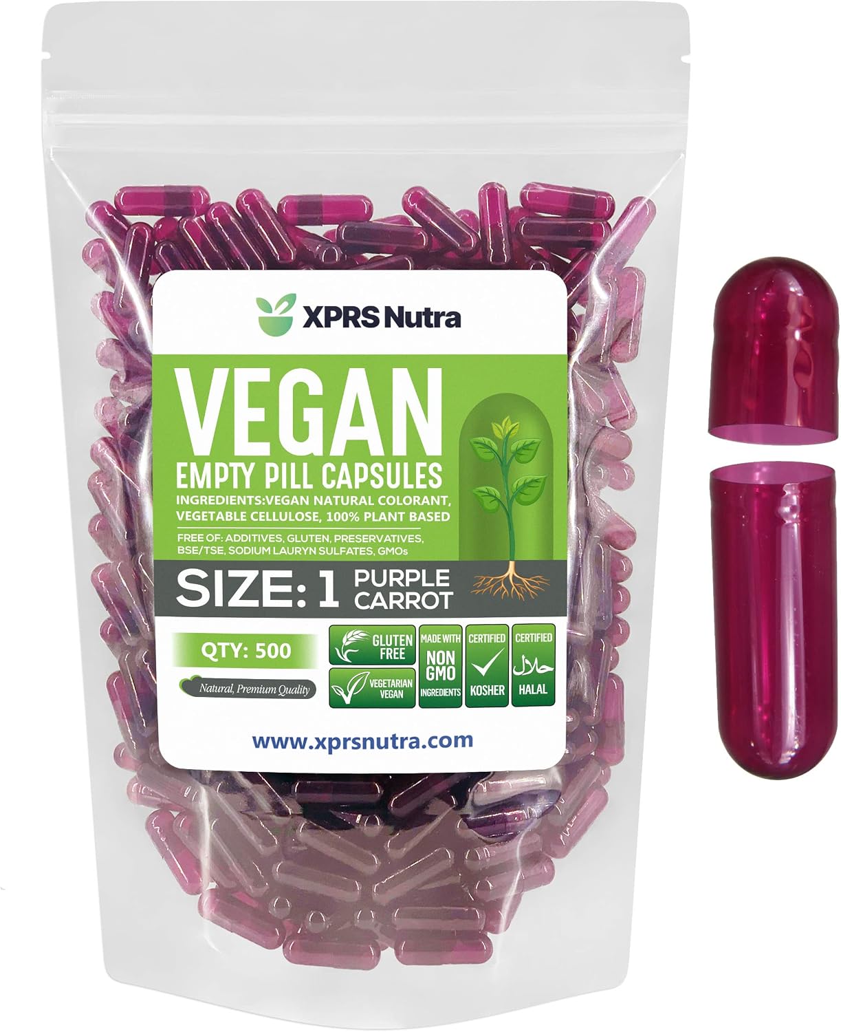 Cápsulas Vacías Veganas Tamaño 1 - 500 uds - XPRS Nutra (Zanahoria Morada)