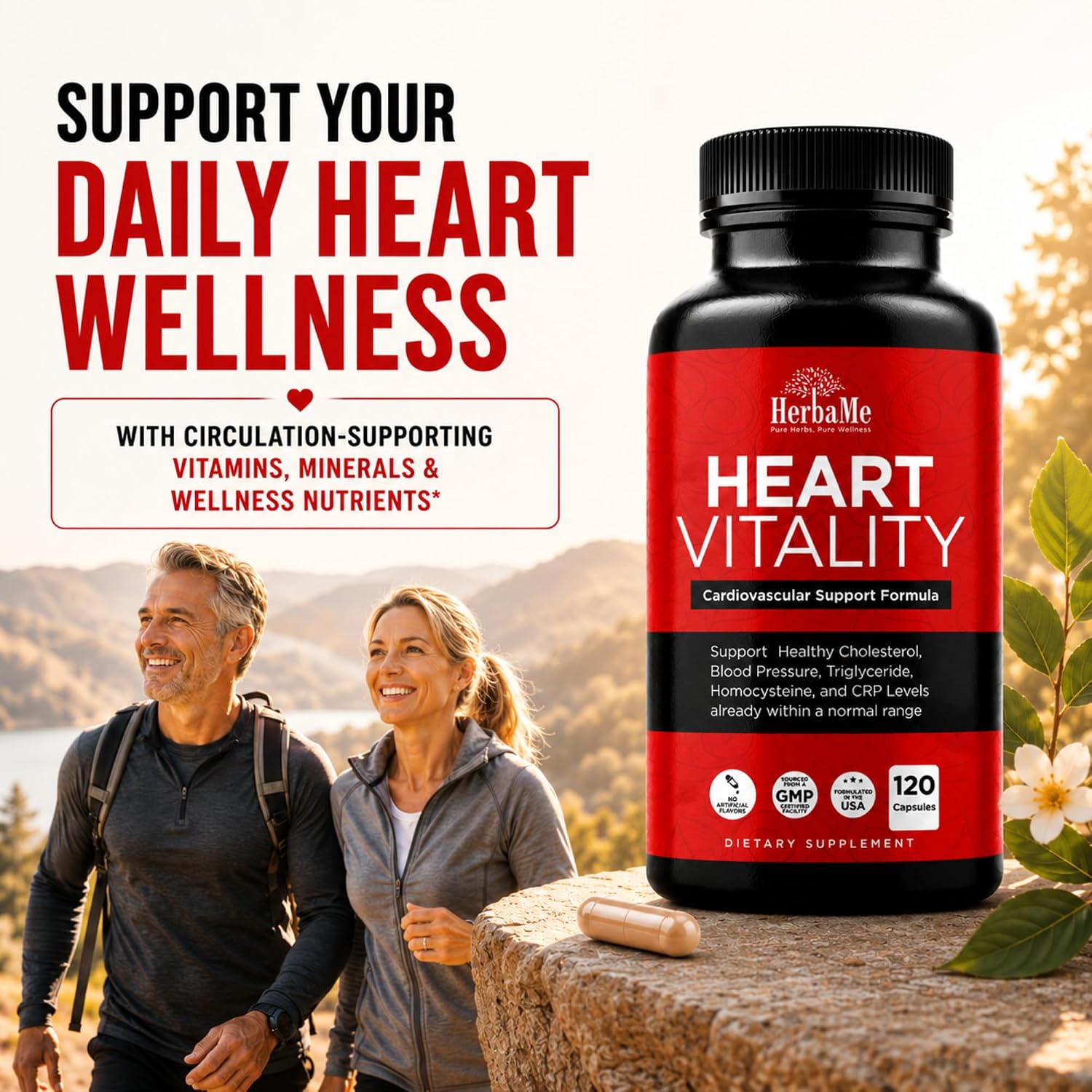 HerbaMe Heart Support – Suplemento para el Corazón con L-Arginina, Citrulina y CoQ10, 120 Cápsulas