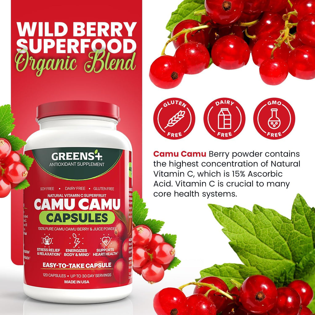 Greens+ SuperFruit Amazonian Camu Camu Supplement with Vitamins and Minerals, High ORAC Antioxidants, 400mg Natural Vitamin C, 120 Vegetable Capsules