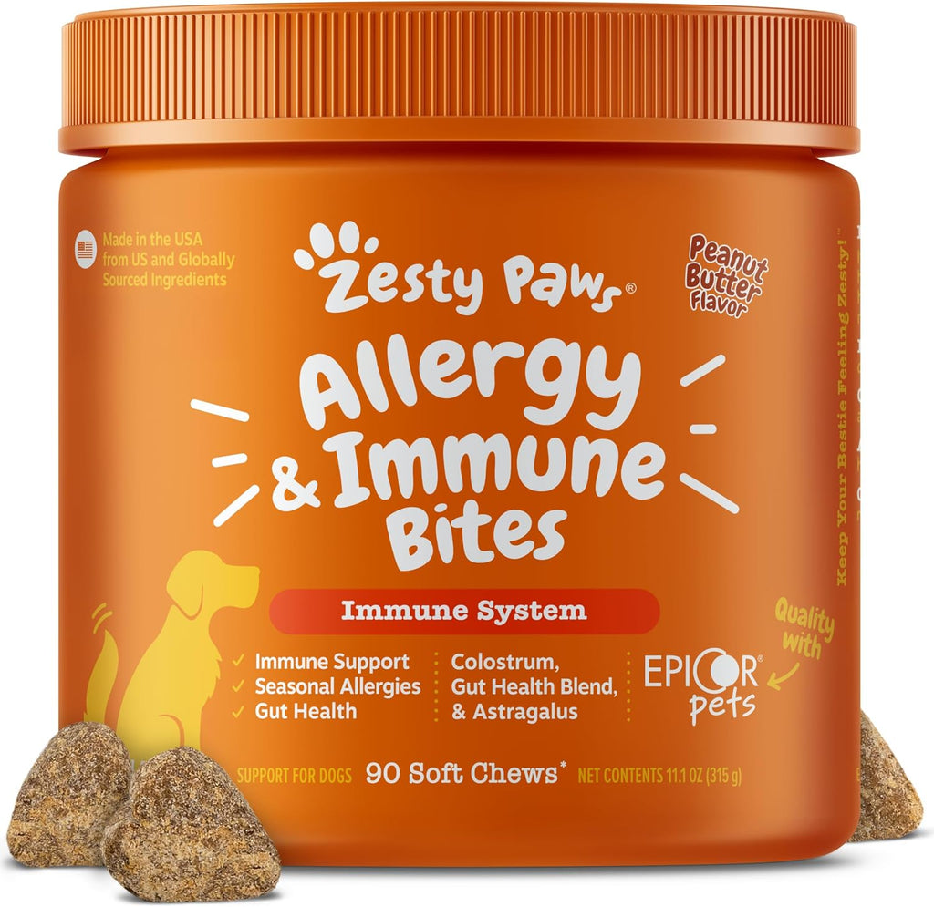 Zesty Paws Puppy Allergy Immune Bites - Masticables para alergias caninas, probióticos para picor de piel y oídos, sabor cordero, 90 unidades