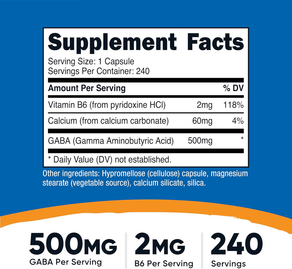 Nutricost GABA + Vitamina B6, 500mg por Cápsula, 240 Cápsulas Vegetales