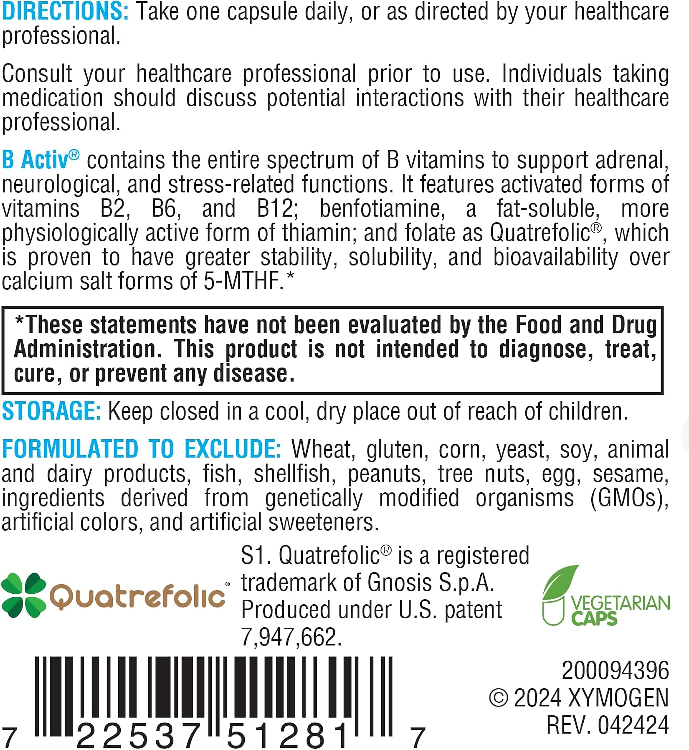 XYMOGEN Complejo B - B-Activ Vitaminas B Activadas con Benfotiamina y Quatrefolic - Apoyo Suprarrenal, Inmunológico y Nervioso - Sin Gluten y Vegetariano - 30 Cápsulas