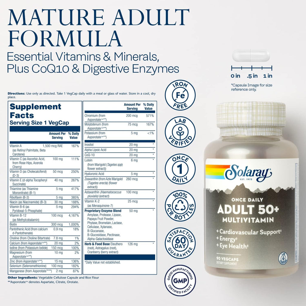 Solaray Once Daily Adult 50+ Multivitamínico Completo para Mujeres y Hombres, 90 Cápsulas Veganas
