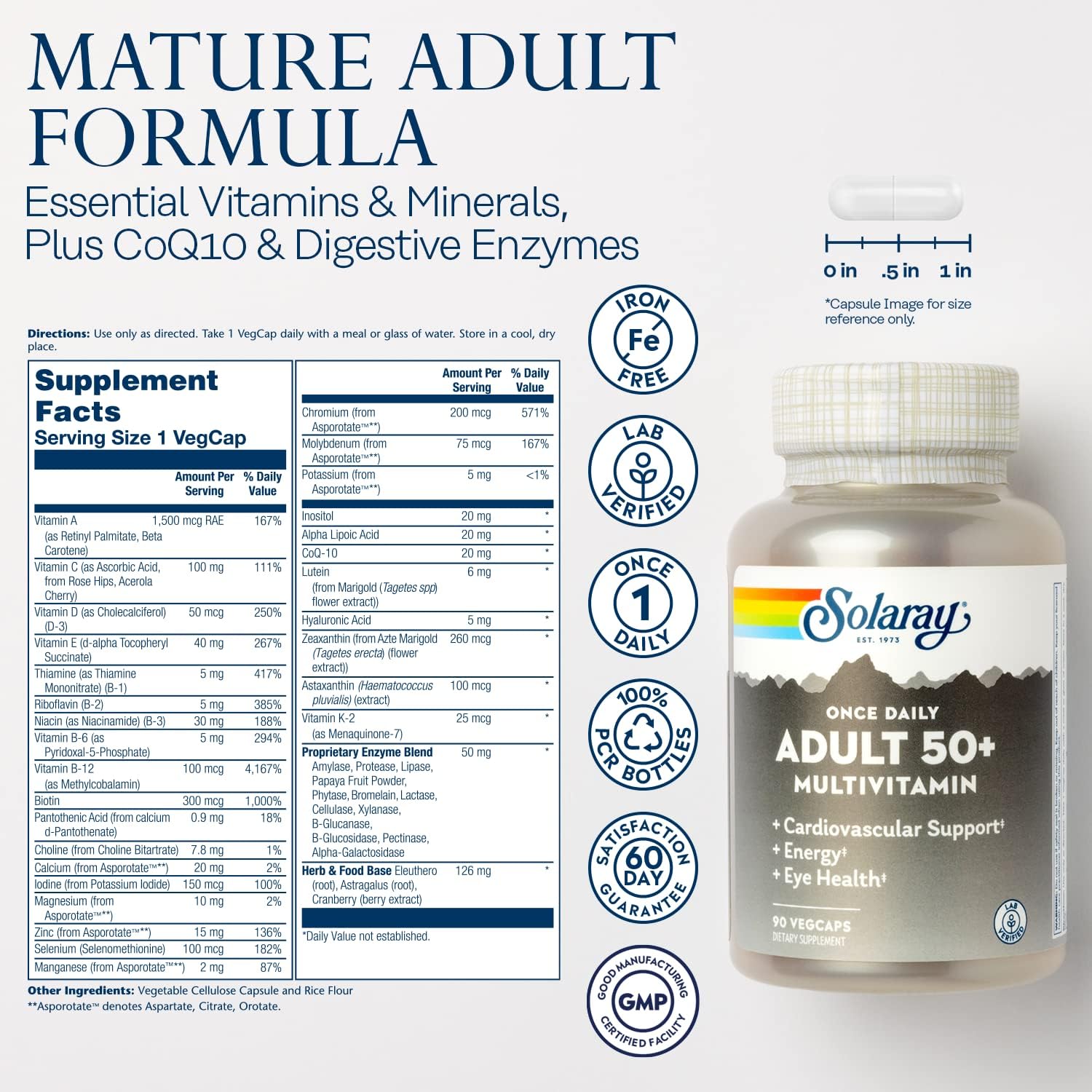 Solaray Once Daily Adult 50+ Multivitamínico Completo para Mujeres y Hombres, 90 Cápsulas Veganas