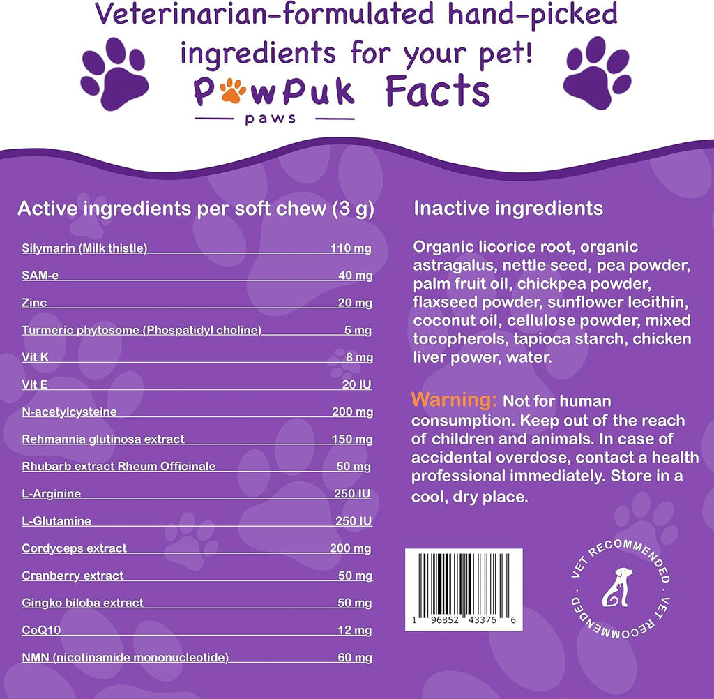 PawPuk Paws Suplemento Hepático y Renal para Perros con SAM-e, Silimarina, NMN y CoQ10