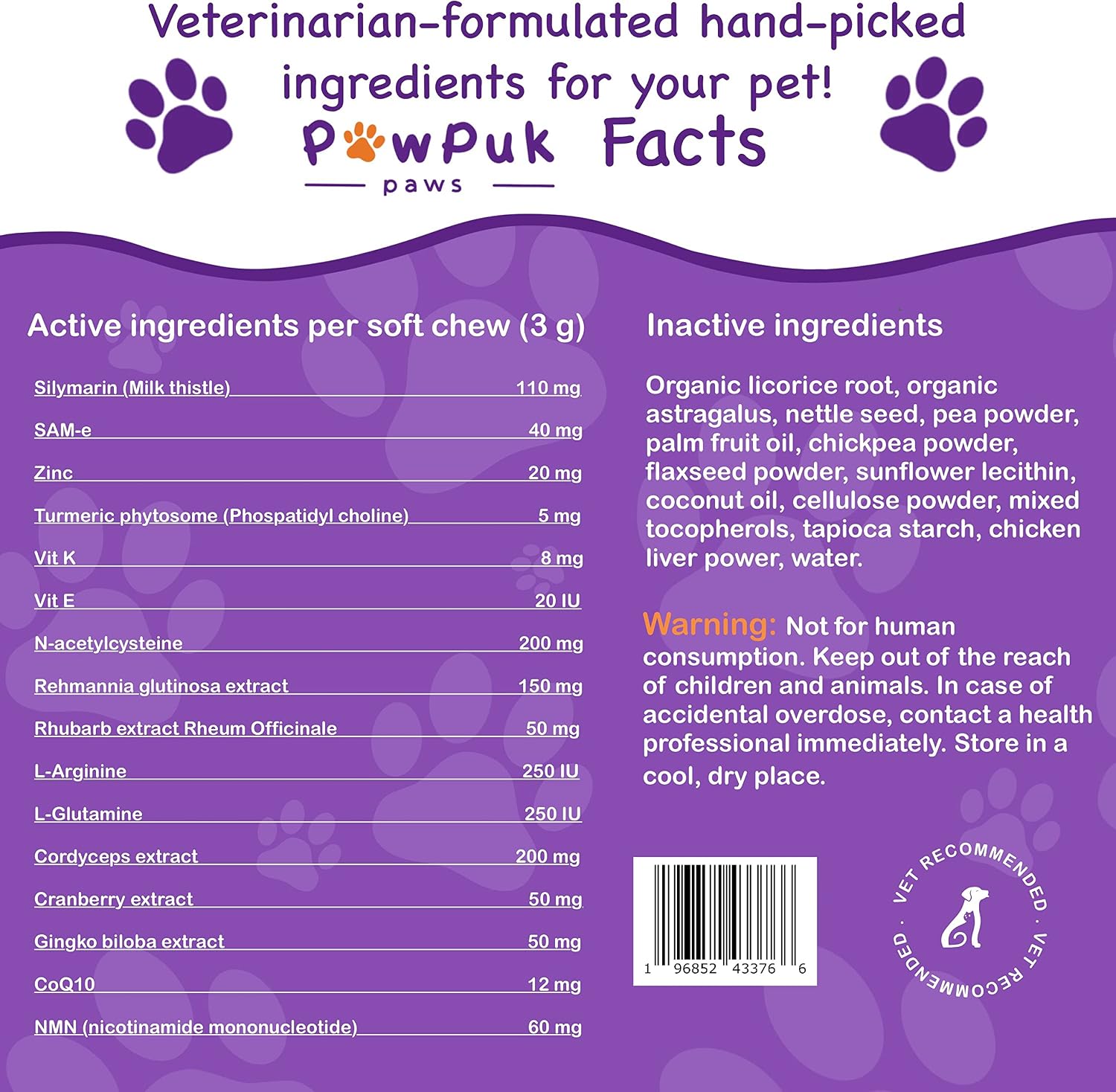 PawPuk Paws Suplemento Hepático y Renal para Perros con SAM-e, Silimarina, NMN y CoQ10