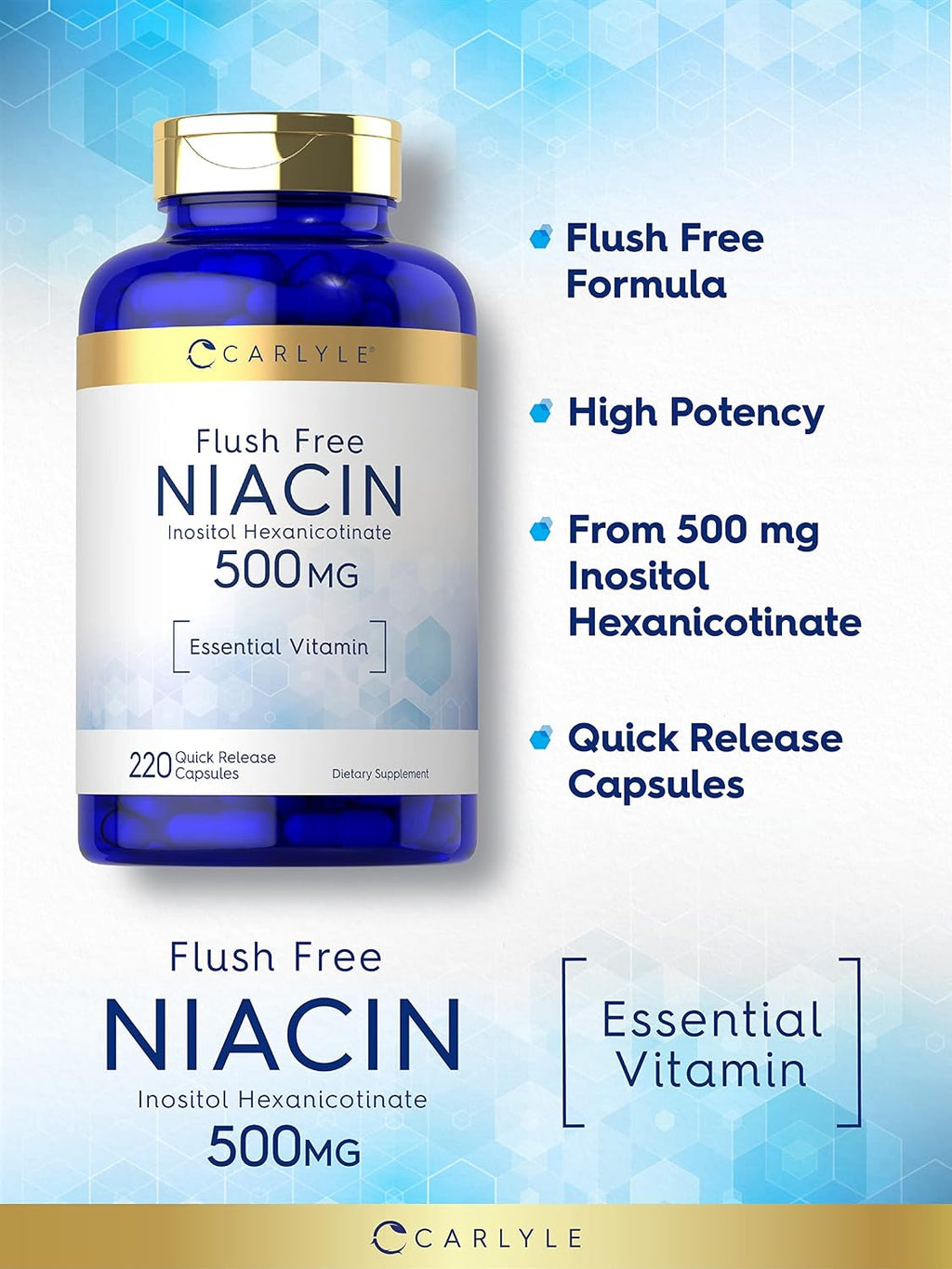 Carlyle Niacina Sin Rubor 500mg (400 mg Niacina + 100 mg Inositol) - 220 Cápsulas