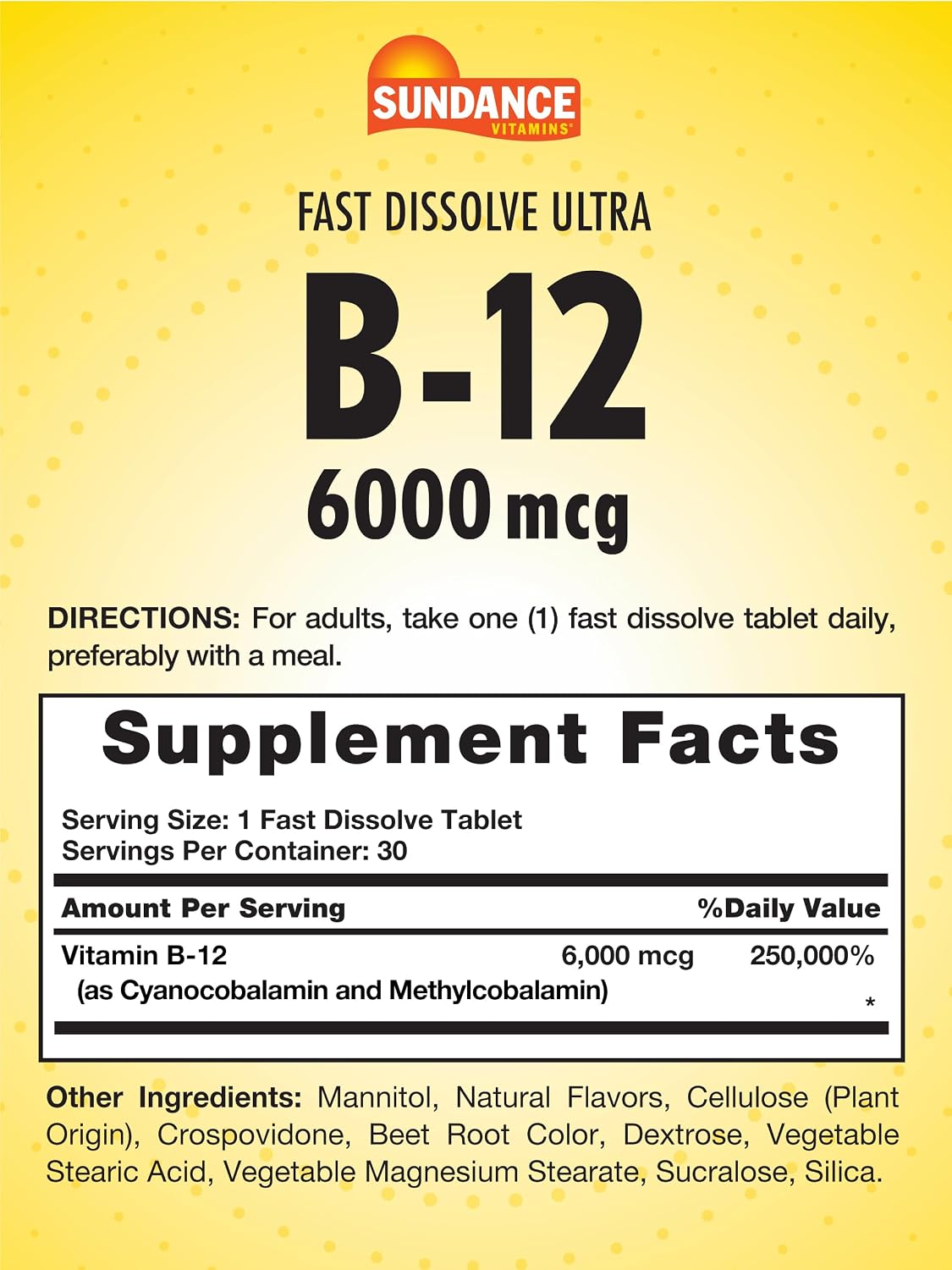 Sundance Fast Dissolve Vitamina B-12 6000mcg 30 Comprimidos Sabor Baya Natural