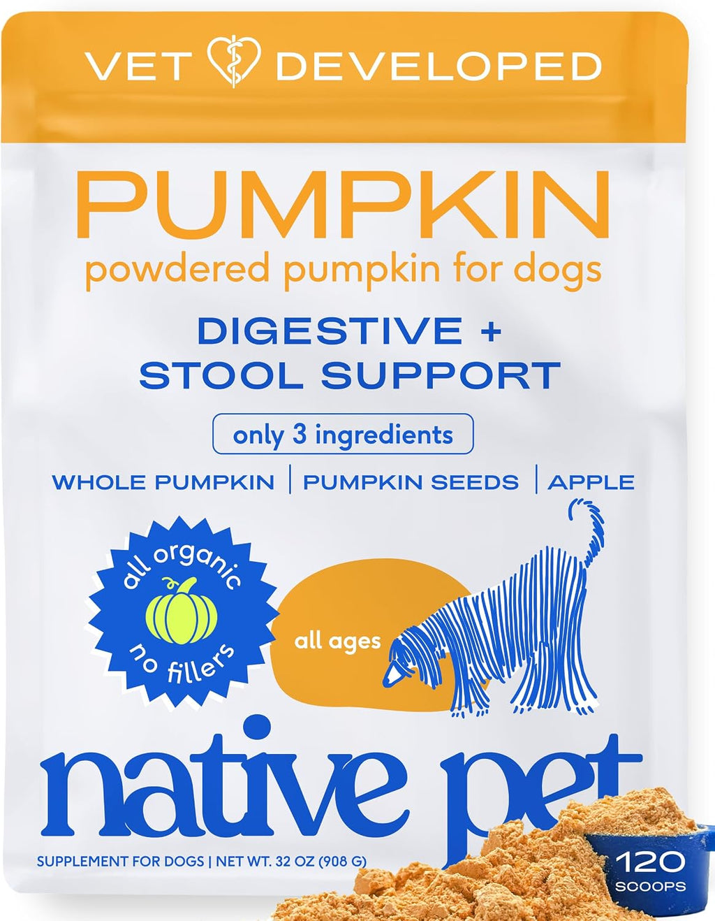 Native Pet Probióticos para Perros – Polvo Probiótico para la Salud Digestiva e Intestinal, Formulado por Veterinarios con 6 Mil Millones de UFC y Cepas Específicas para Perros – 120 Dosis