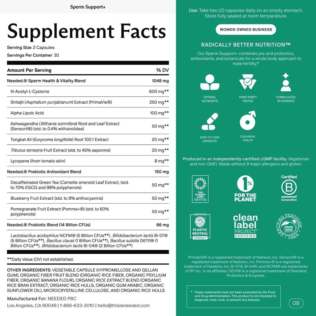 Needed. Sperm Support - Suplemento de Fertilidad Masculina - 60 Cápsulas
