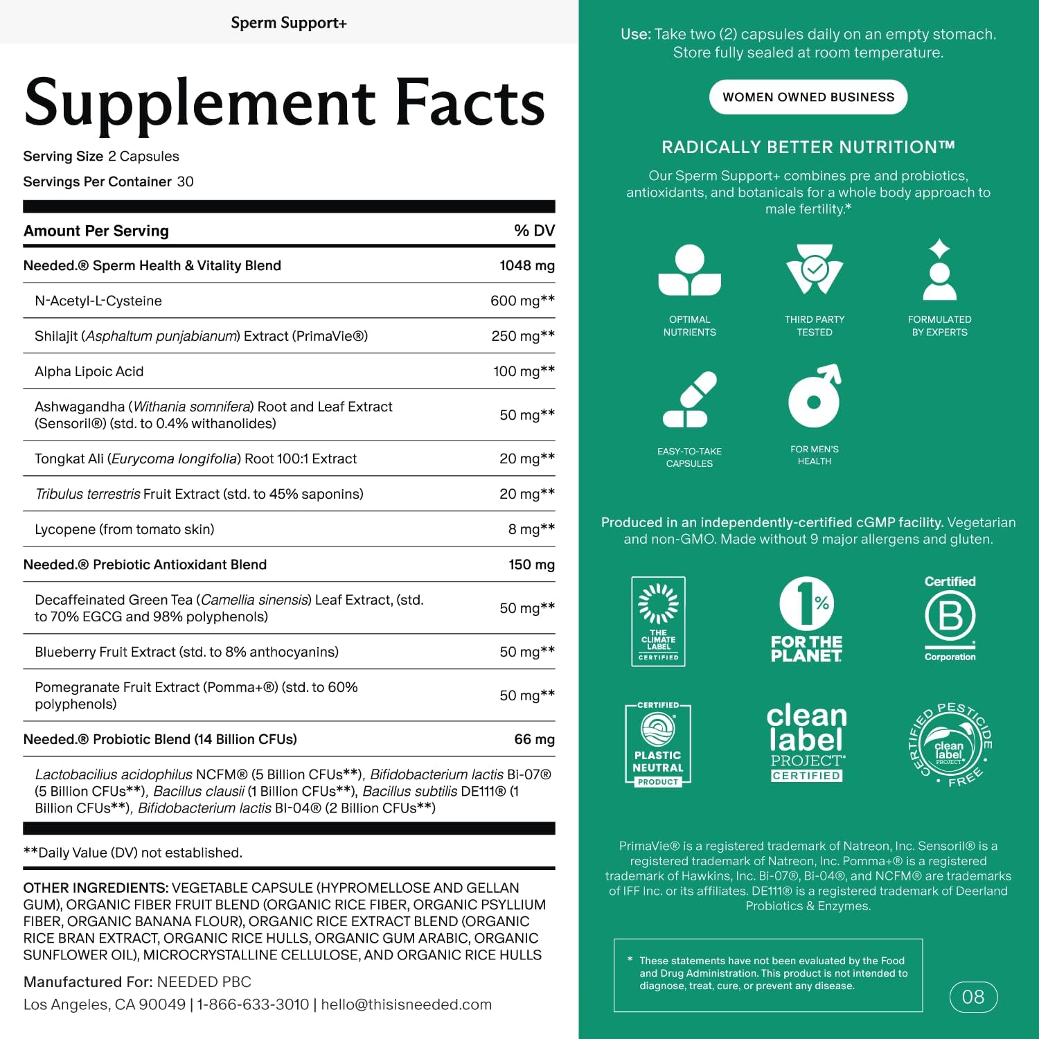 Needed. Sperm Support - Suplemento de Fertilidad Masculina - 60 Cápsulas