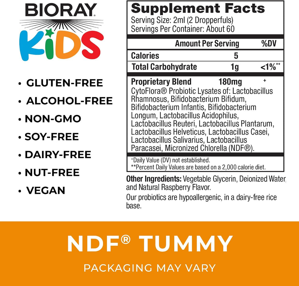 BIORAY Kids NDF Tummy, Probióticos para Niños, Frambuesa - 120 mL (Apoya la Respuesta Inmune)