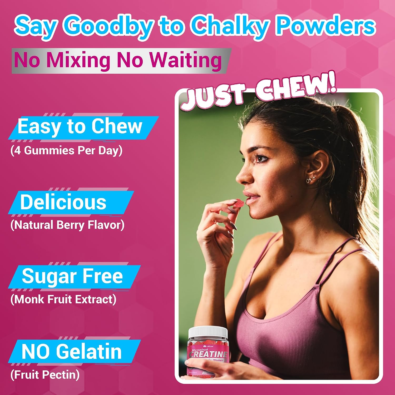 Gomitas de Creatina para Mujeres, Monohidrato de Creatina Micronizada + Mio-Inositol, Péptidos de Colágeno, BCAAs, Ácido Hialurónico, Vitamina B6 B12, Zinc para Energía, Enfoque y Equilibrio Hormonal, Sin Azúcar, 120 unidades