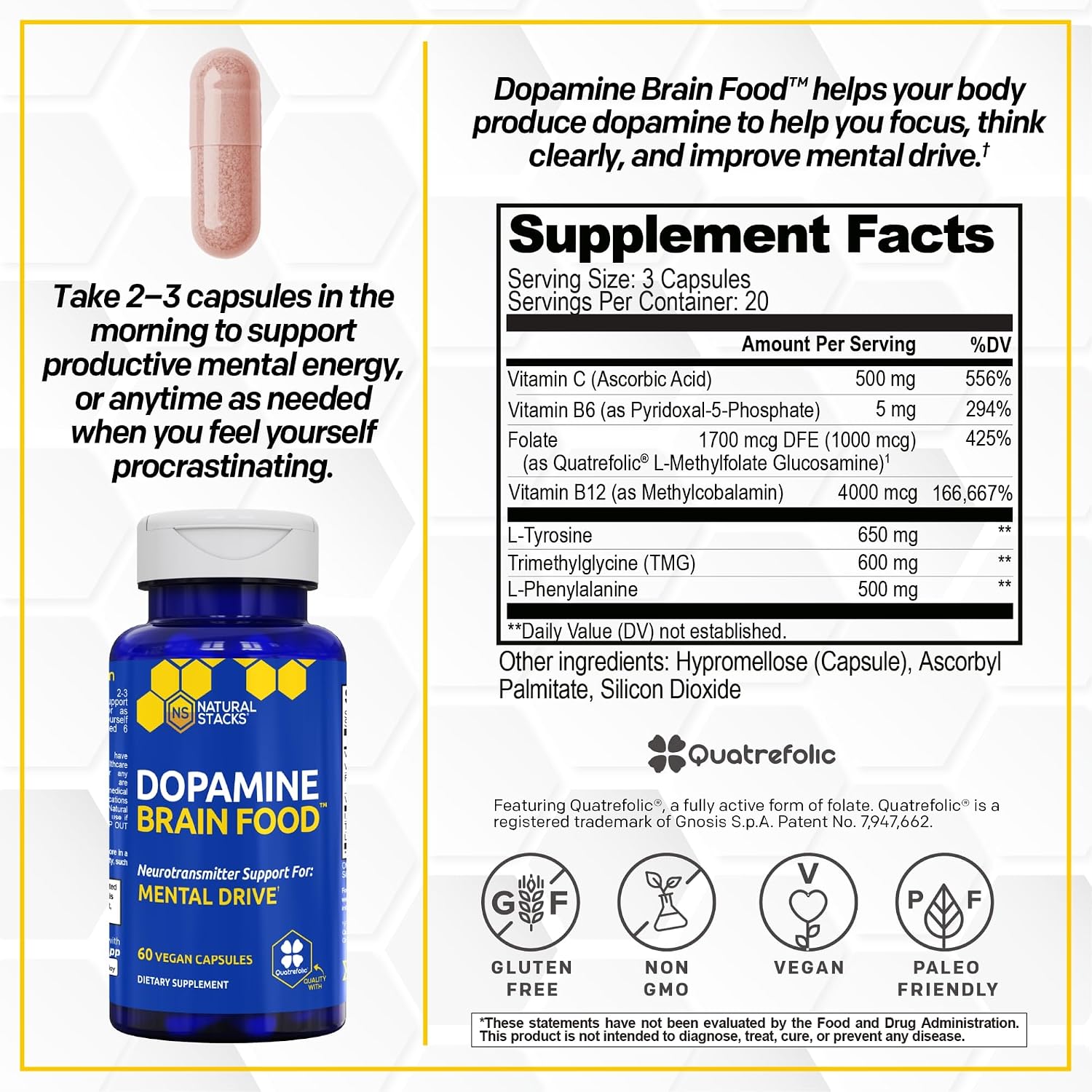 Natural Stacks Dopamine Brain Food - 650mg L-Tirosina - 60 Cápsulas