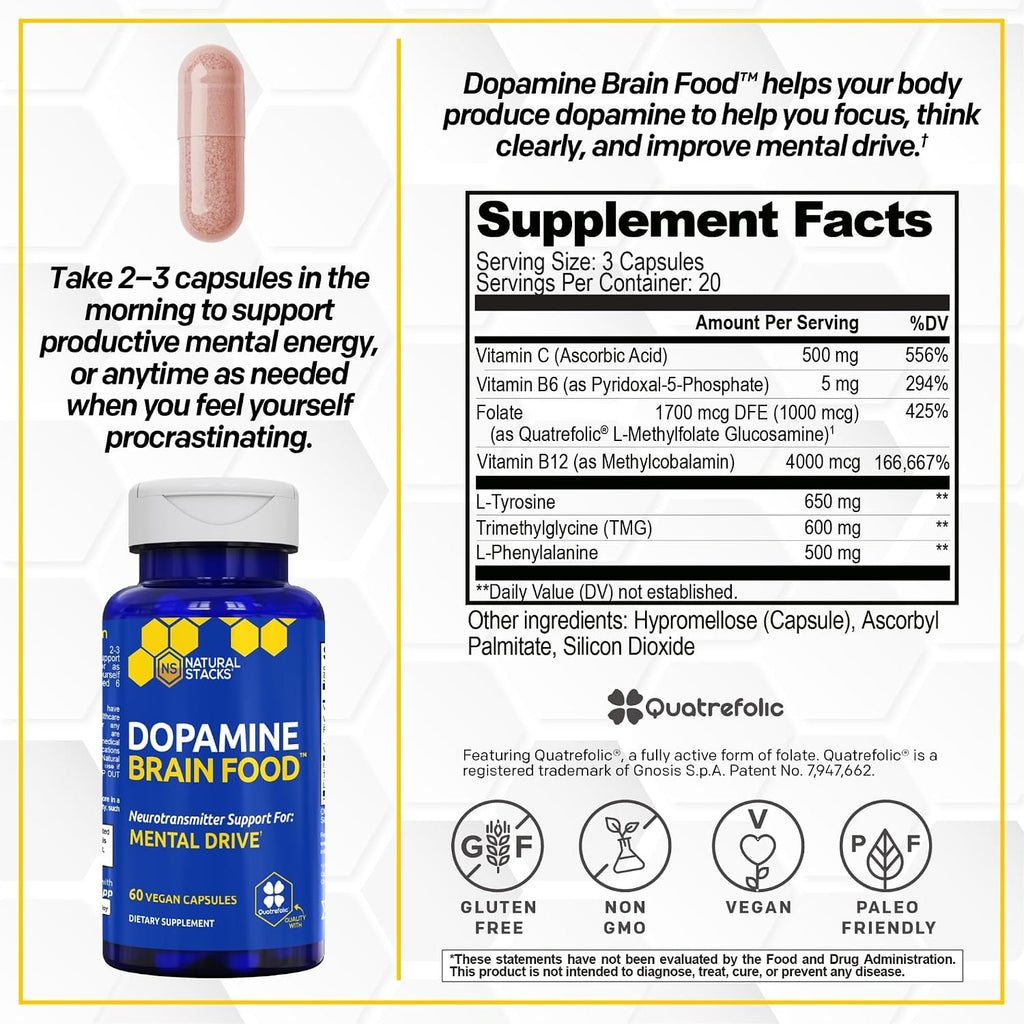 NATURAL STACKS Dopamine Brain Food - 650mg L-Tirosina - Complemento para el Enfoque y Energía Mental - 120 Cápsulas