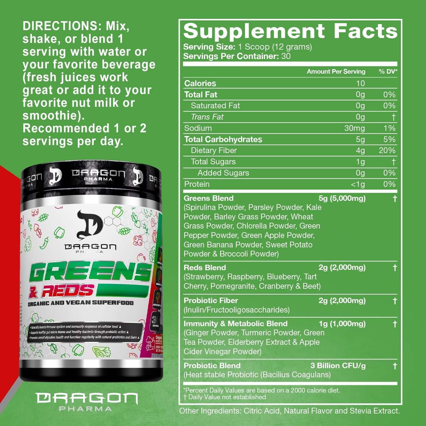 DRAGON PHARMA Greens and Reds, 23 Superalimentos Orgánicos, 30 porciones