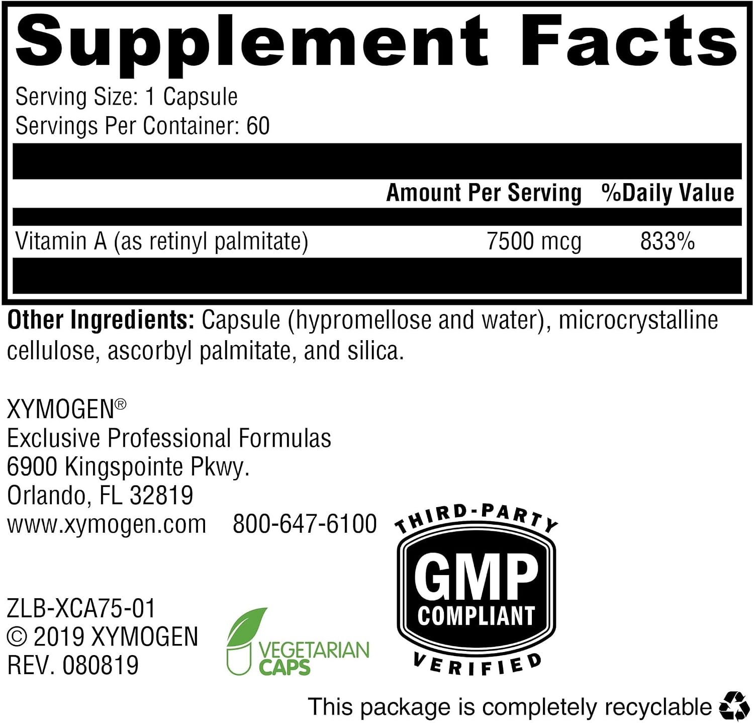 XYMOGEN Xcellent A 7500 - Vitamina A (Retinil Palmitato) - 60 Cápsulas