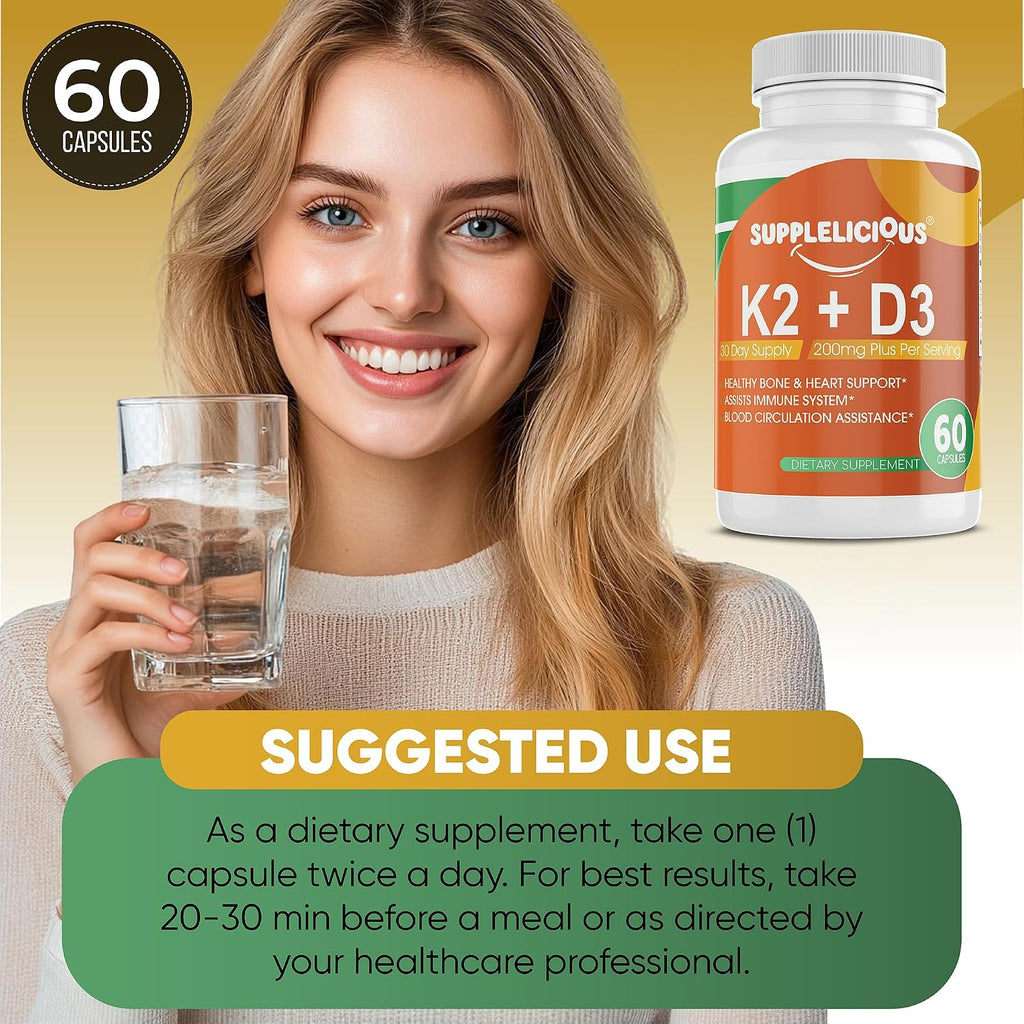 Supplelicious K2 + D3 con Calcio – 200mg por porción – 60 Cápsulas