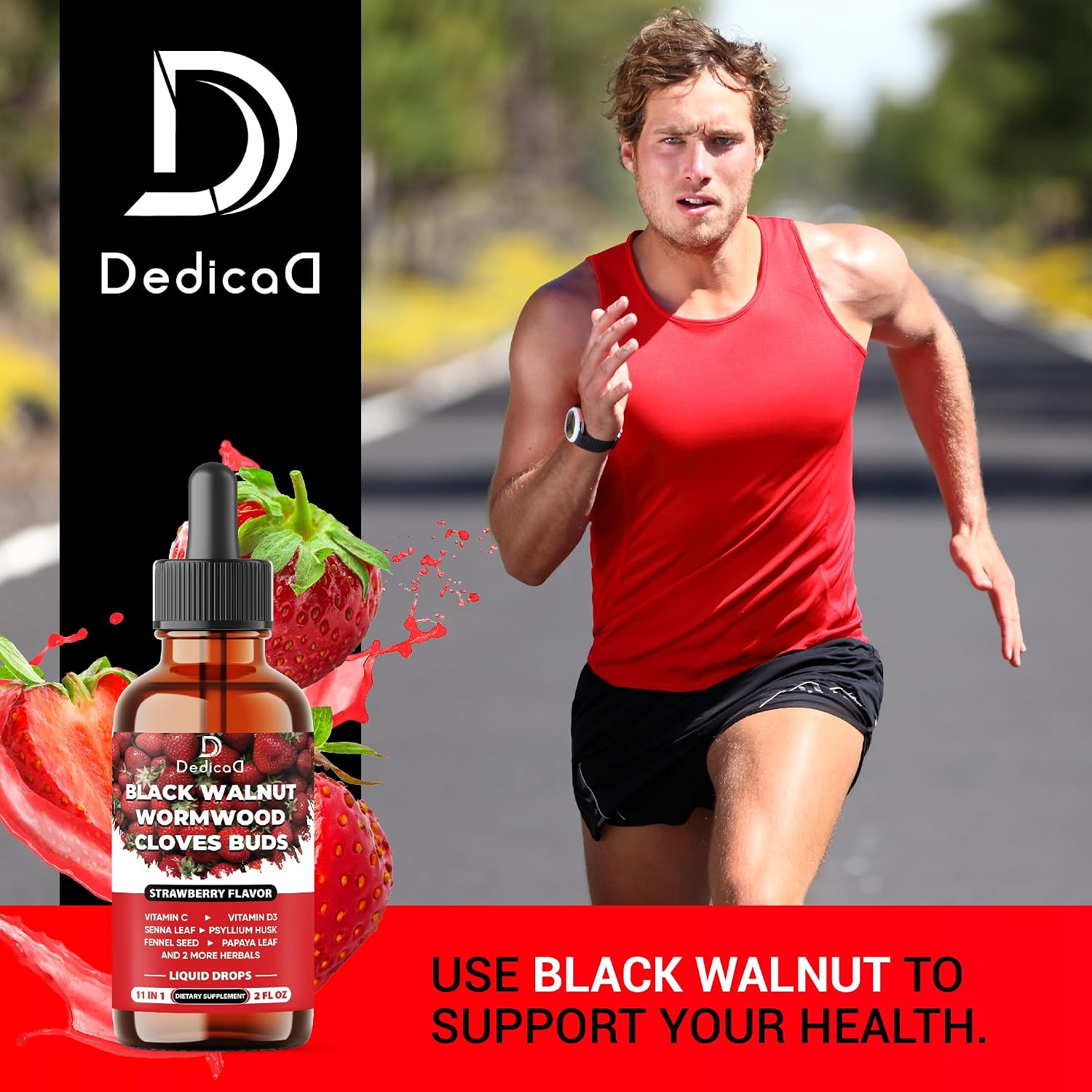 DEDICAD 11in1 Gotas Líquidas de Nogal Negro, Ajenjo y Clavo - 60 ml (2 fl oz) - 60 Días - Sabor Fresa