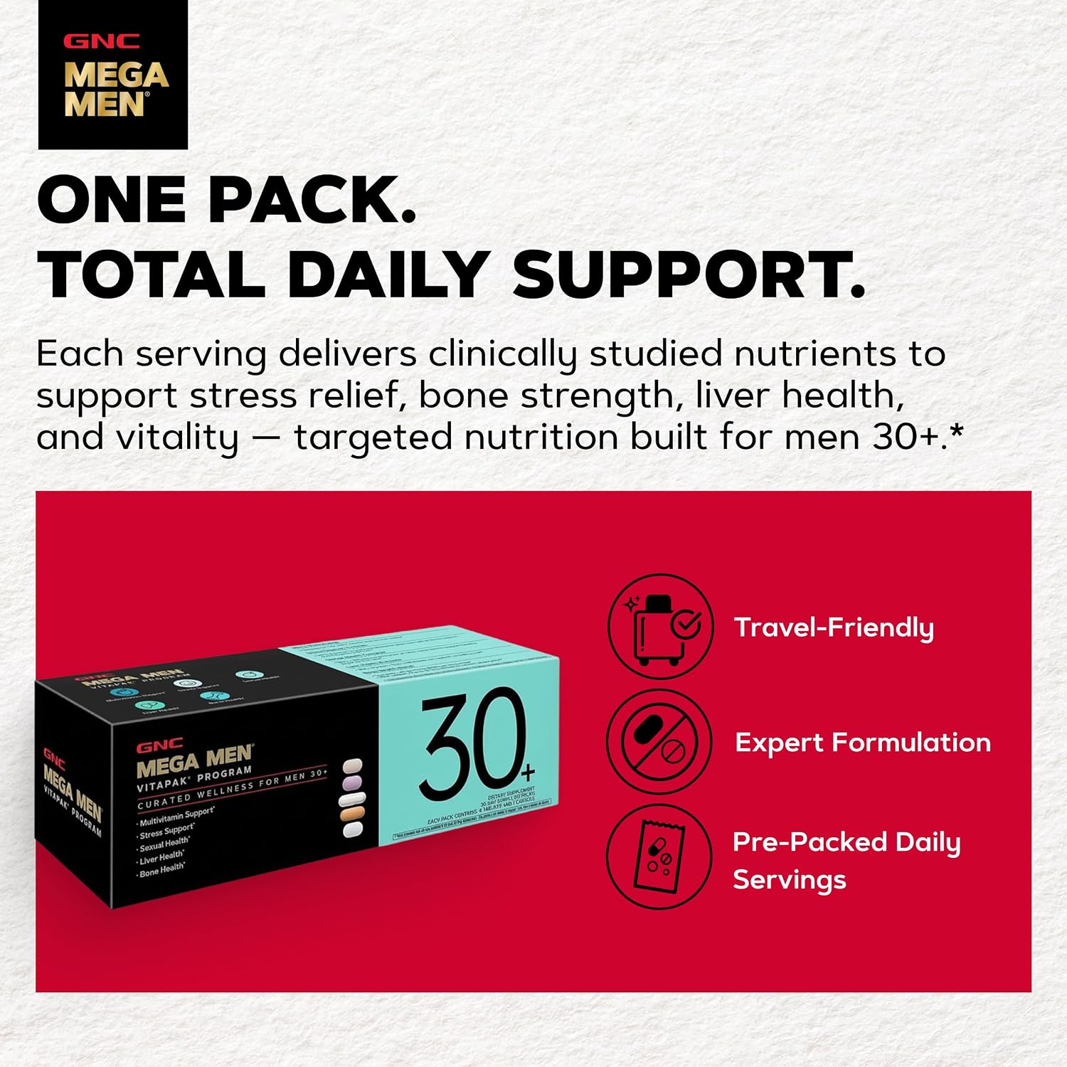 GNC Men's 30+ Vitapak Program - 5 en 1 Multivitamínico y Minerales, 30 Sobres