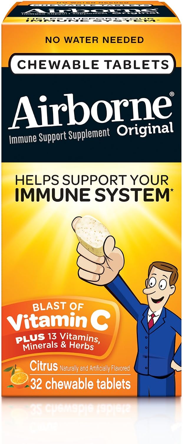 Airborne 1000 mg Vitamina C Comprimidos Masticables con Zinc, 32 Comprimidos, Sabor Cítrico