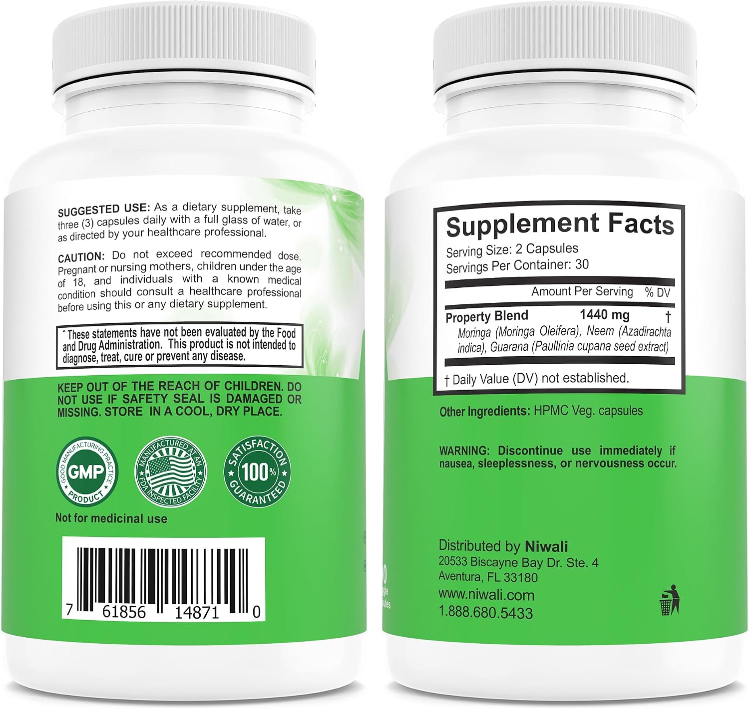 NIWALI Moringa Oleifera + Neem Suplemento Nutritivo | Apoyo Inmunitario y Energía | 90 Cápsulas (30 Días)