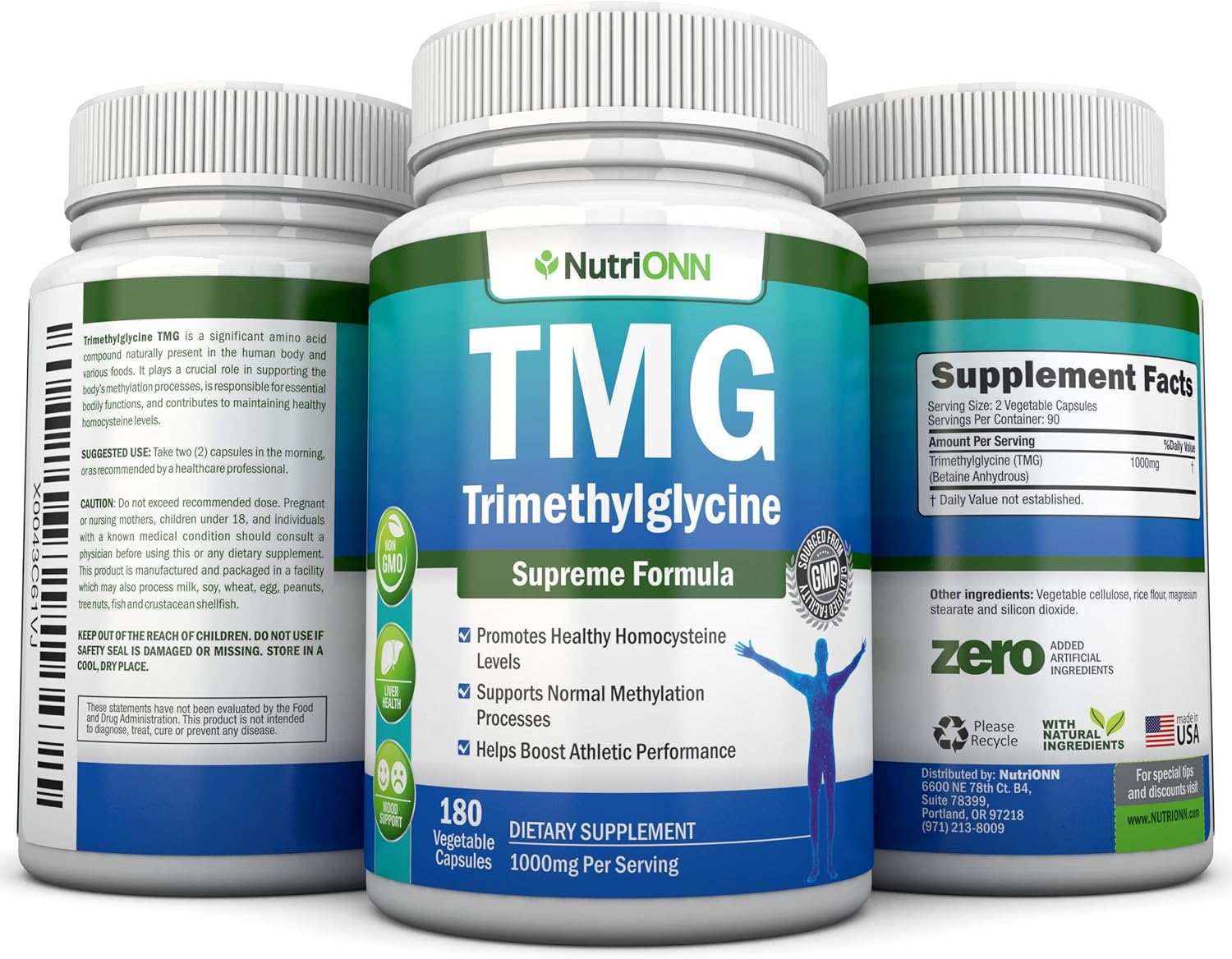 NutriONN TMG Trimetilglicina 1000mg - 180 Cápsulas - Betaína Anhidra Pura