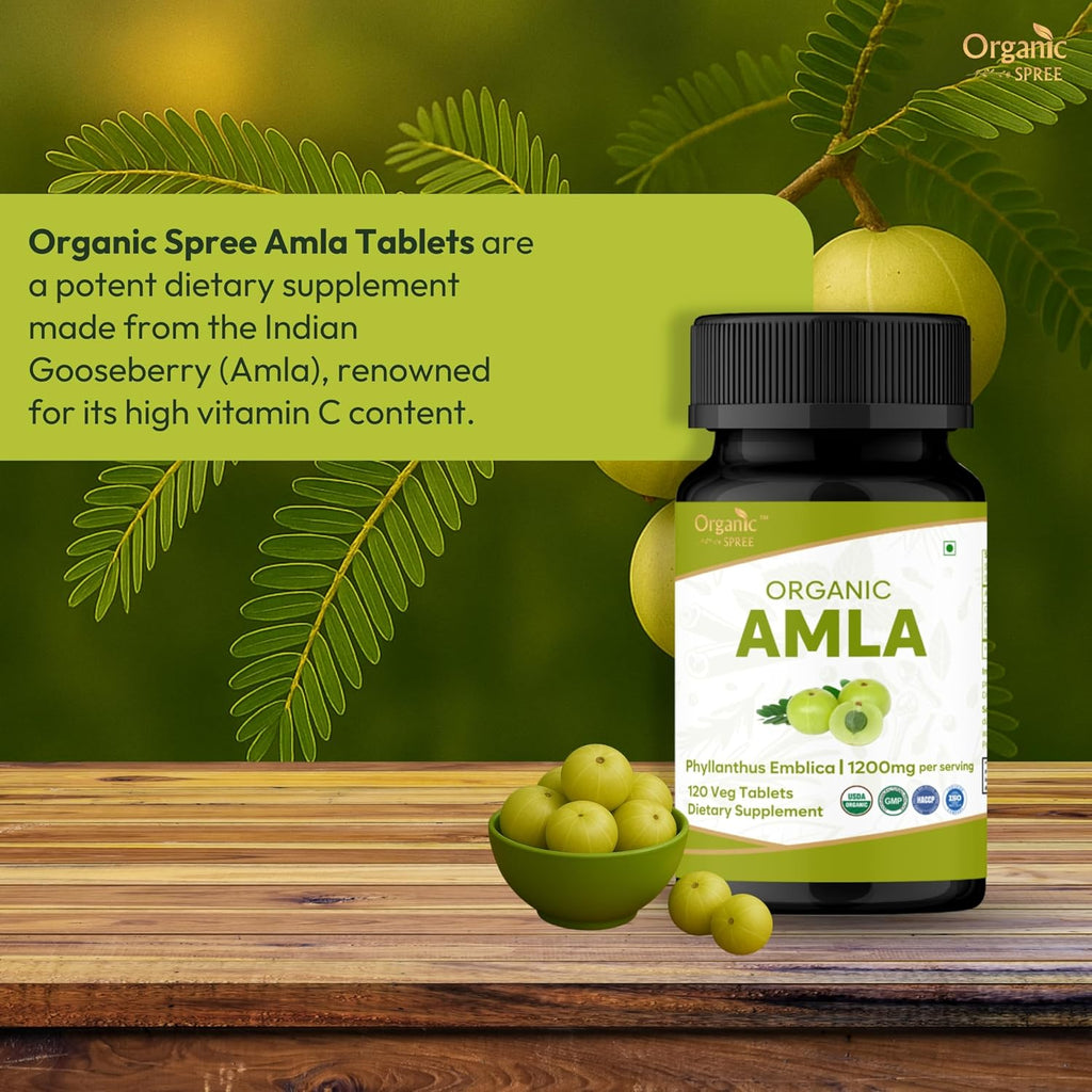 ORGANIC SPREE Tabletas de Amla Orgánico - 1200 mg por dosis - Grosella Espinosa India, Suplemento Rico en Vitamina C, Apoya el Sistema Inmunitario, 120 Tabletas