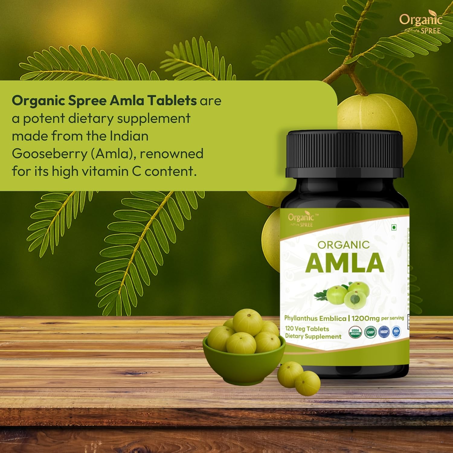 ORGANIC SPREE Tabletas de Amla Orgánico - 1200 mg por dosis - Grosella Espinosa India, Suplemento Rico en Vitamina C, Apoya el Sistema Inmunitario, 120 Tabletas