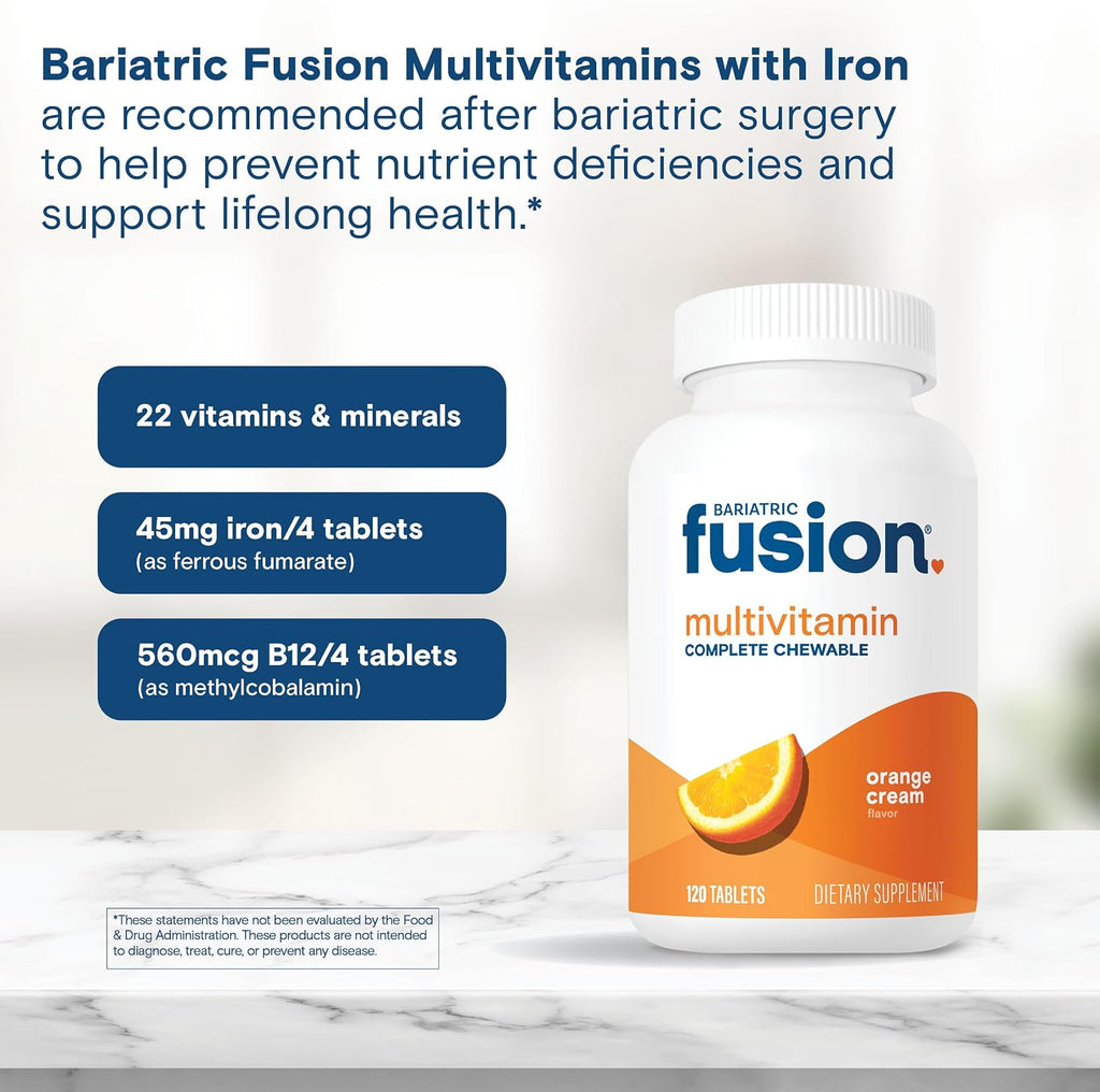 Bariatric Fusion Multivitamínico Masticable con Hierro Sabor Crema de Naranja - 120 Comprimidos