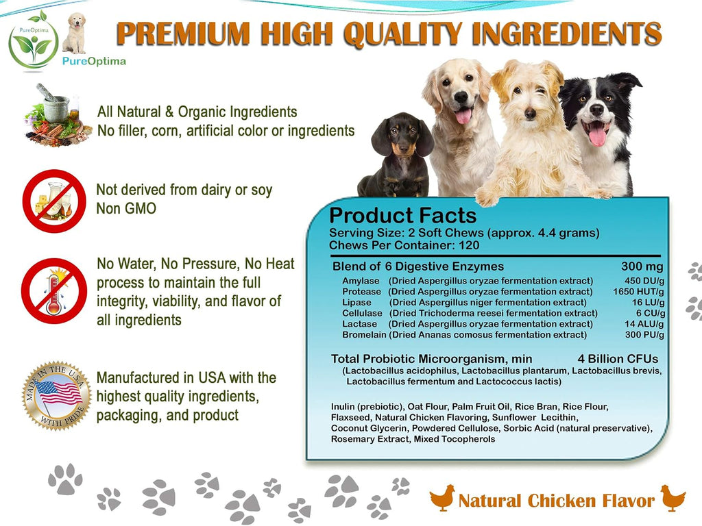 PureOptima Probióticos para Perros, Masticables con Enzimas Digestivas y Prebióticos, 120 Unidades