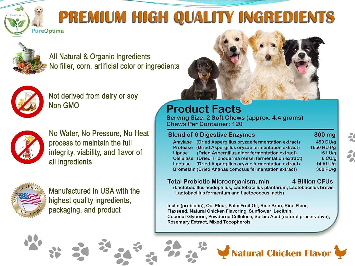 PureOptima Probióticos para Perros, Masticables con Enzimas Digestivas y Prebióticos, 120 Unidades