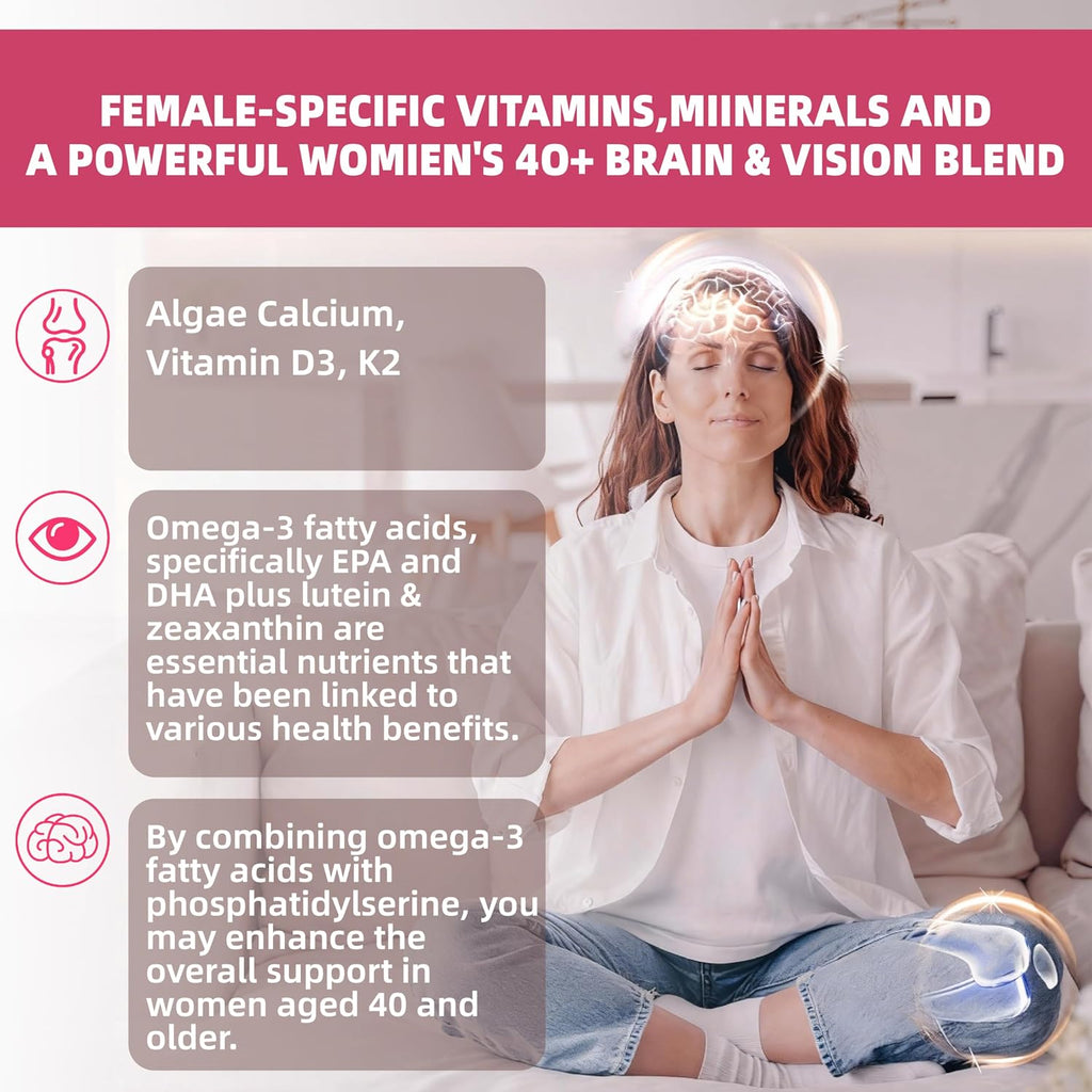 Multivitamínico en Gominolas para Mujeres 40+ con Omega-3, Niacinamida, Complejo B, Luteína, Hierro, Colina, Fosfatidilserina, Vitamina D3 - Vegano, Sin Azúcar, 120 Gominolas