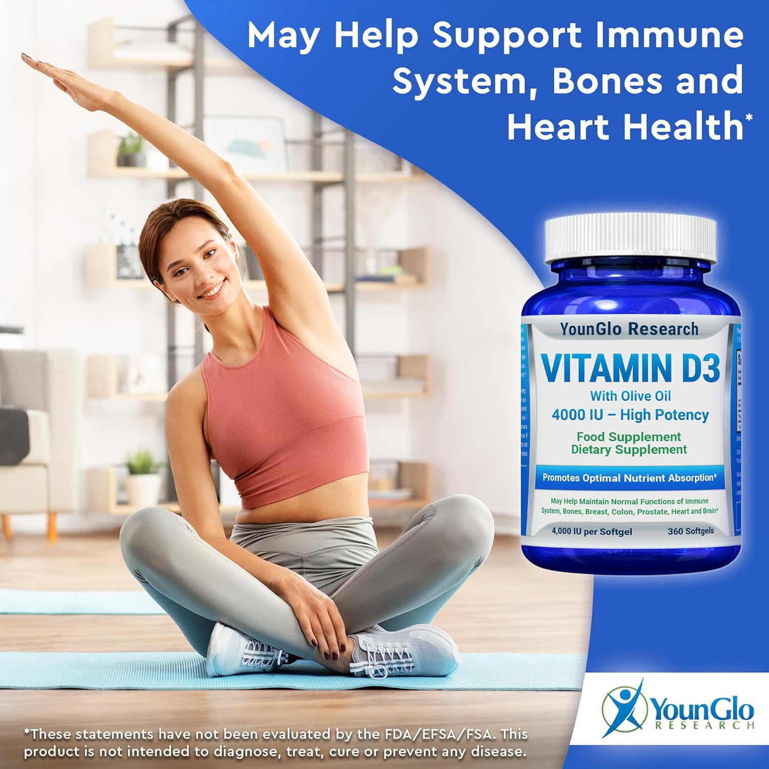 Vitamin D3 4000 IU Food Supplement - 360 Softgels - YounGlo Research