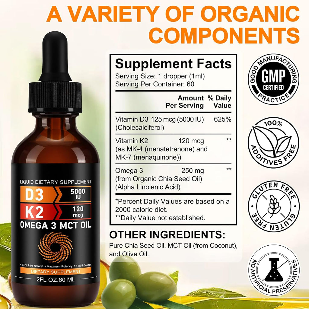 Daiasns Vitamina D3 5000 UI y K2 (MK-7) 120 mcg Gotas, 60 ml