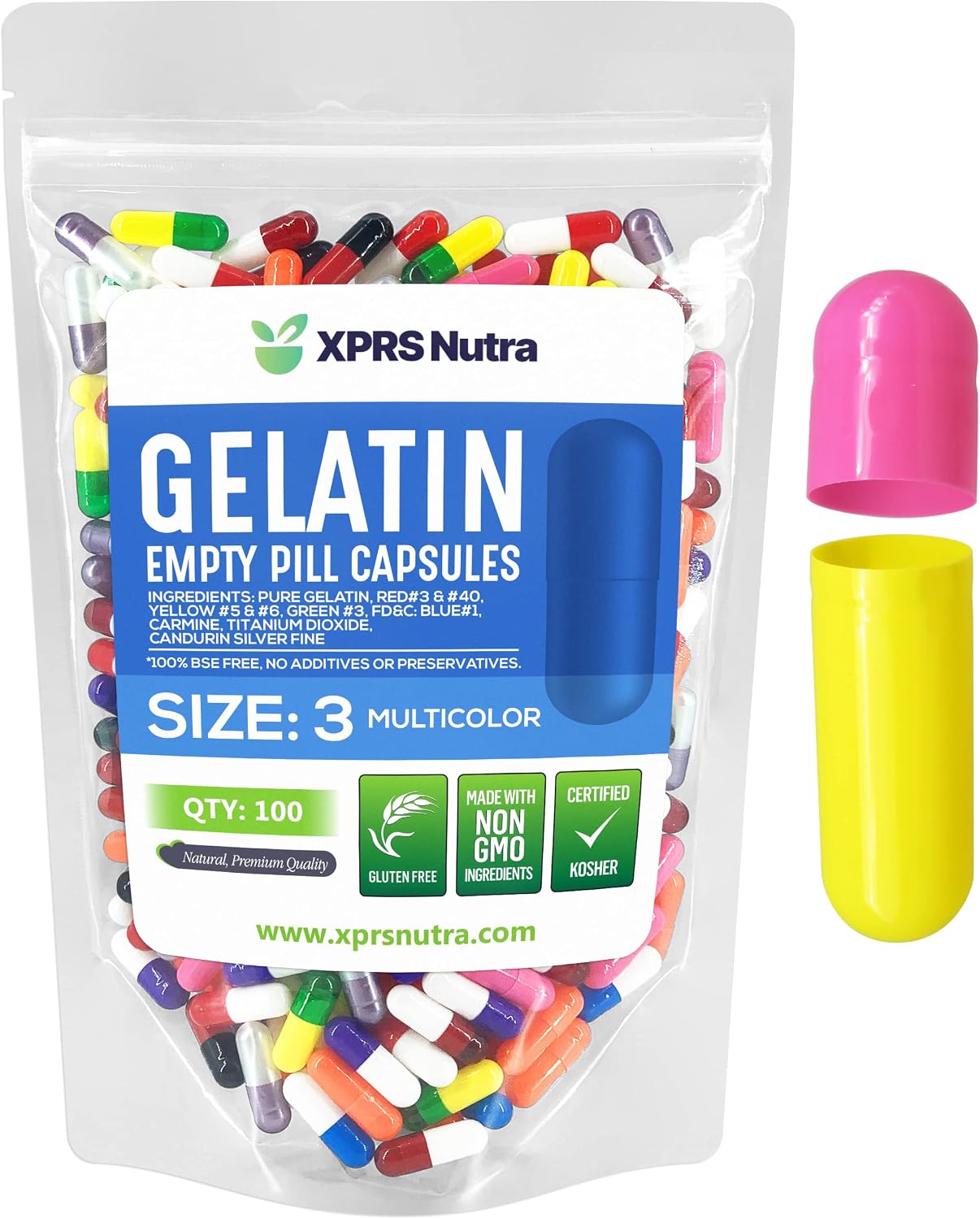 XPRS Nutra Cápsulas Vacías de Gelatina Tamaño 3 - 100 Unidades - Cápsulas de Gelatina Bovina para Rellenar Suplementos Caseros (Multicolor)