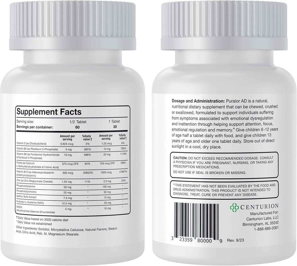 Centurion Premium Puralor AD - Complemento Cognitivo para Niños con Azafrán, Folato, Vitamina C, D y Zinc - 30 Comprimidos Masticables