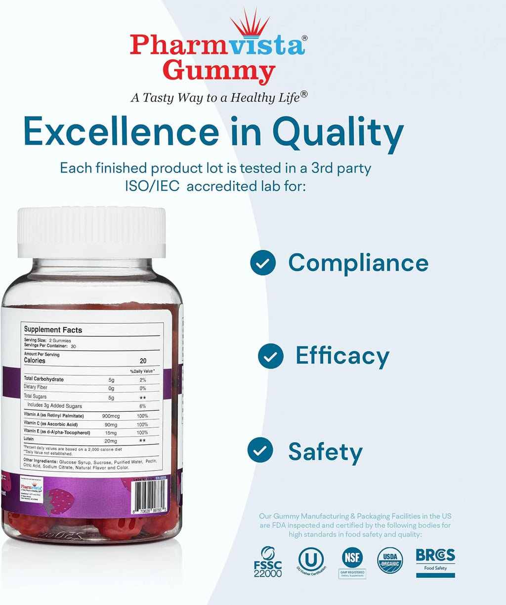 Pharmvista Gummy para la Salud Visual - Vitaminas A, C, E y Luteína - Sin Gluten, Vegano - 60 Gomitas