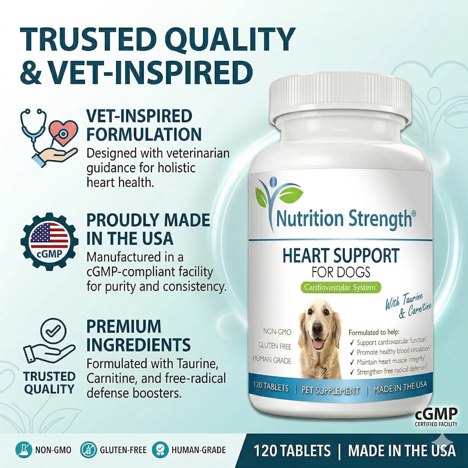 Nutrition Strength Apoyo cardíaco para perros con taurina y carnitina, 120 comprimidos masticables