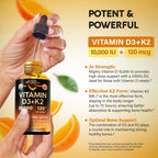 NUTRAHARMONY Gotas Orgánicas de Vitamina D3 y K2 - 10000 UI D3 + 120 mcg K2 MK-7 - Sabor Naranja - Sin Azúcar - 118 ml